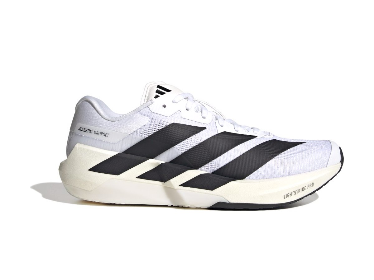 adidas Adizero Dropset Pro training shoe in white with black stripes